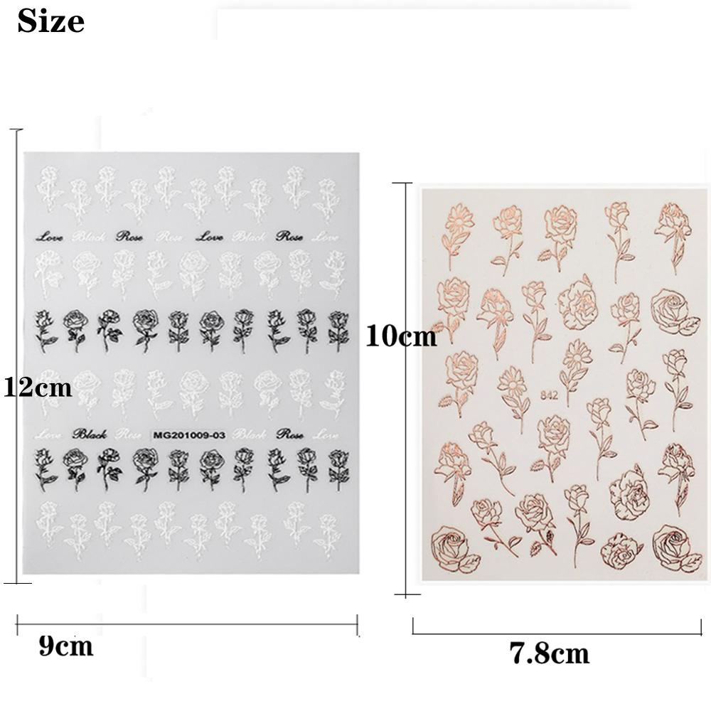 AUGUSTINA Agustina Rose Print Nails Sticker Emas Laser Bunga Mawar Putih Perekat Diri Hitam Nail Art Stickers