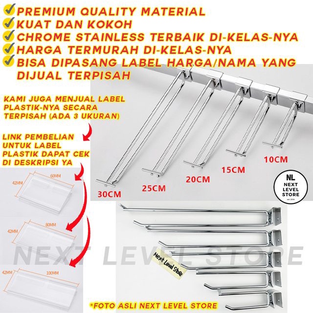 Single Hook Double Kotak Ram 10 15 20 25 30 CM TEBAL 6mm Stainless Display Cantolan Pipa Label Harga Price Tag