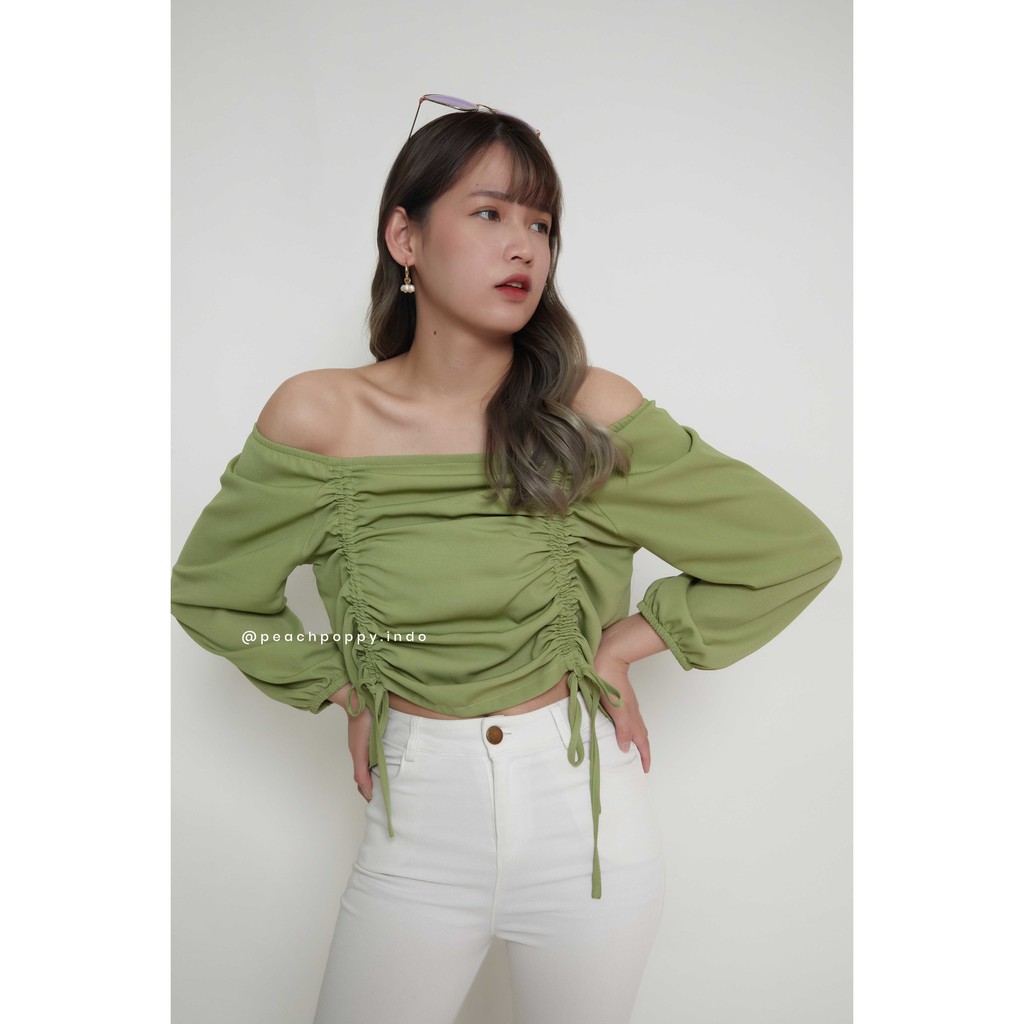 Korea Women Ruffle Top Squareneck Wanita Polos Atasan Serut Lengan Panjang - Camelia Top in Matcha