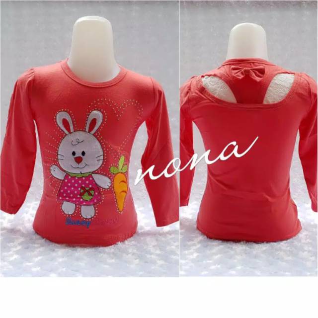 Kaos anak lengan panjang 1-5 tahun bordir payet bunny off shoulder merk nona