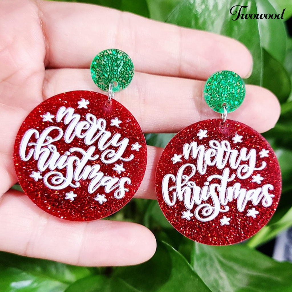 1 Pasang Anting Hoop Bentuk Bulat Geometris Aksen Glitter Untuk Dekorasi Natal