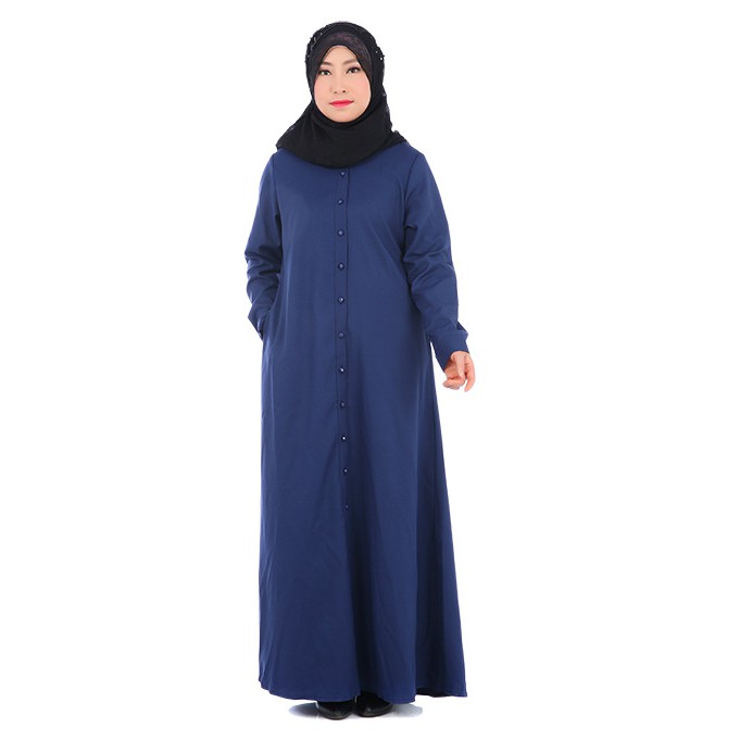 Fashion Wanita: Long Dress Muslim Lengan Panjang dengan Kancing, Warna Polos