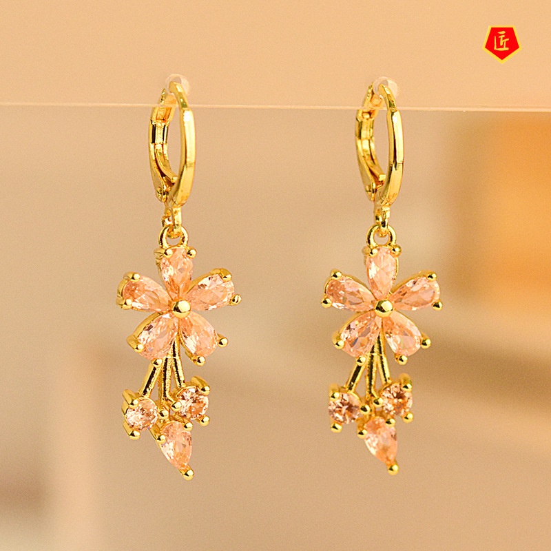 [Ready Stock]Simple Sweet 18K Gold Flower Inlaid Colored Gems Earrings