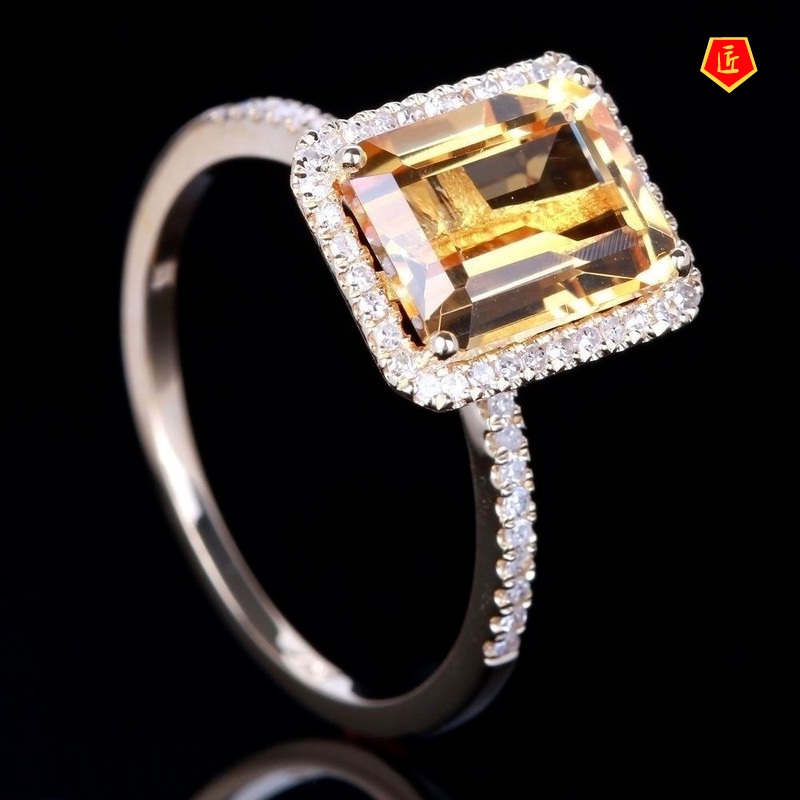 [Ready Stock]Fashion Champagne Square Diamond Ring Micro-Inlaid Yellow Gem