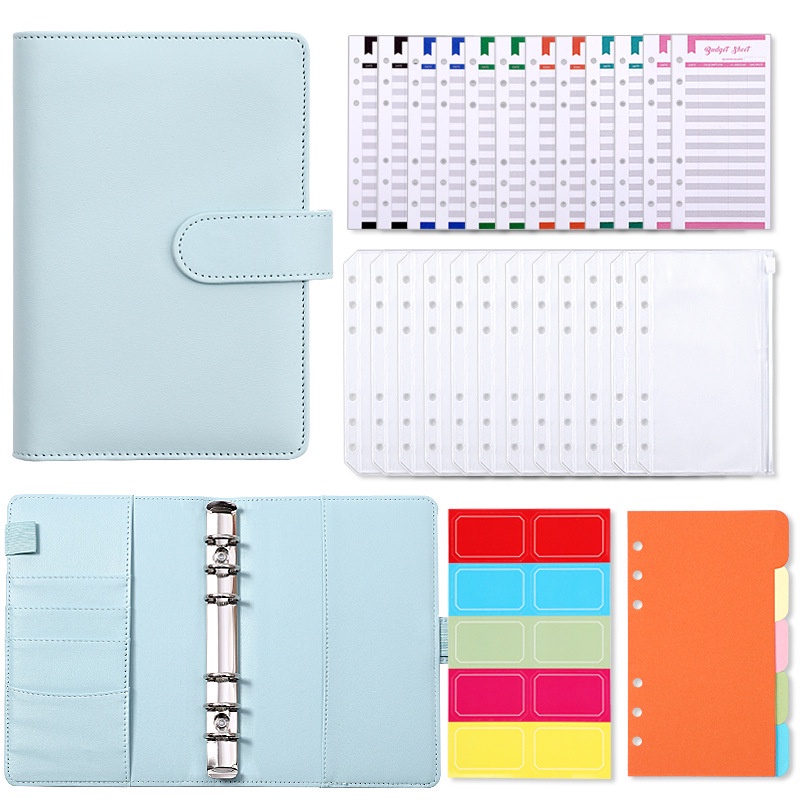 A6 Budget Binder Standard Set PU Leather Planner Notebook 6 Lubang Ritsleting Folder Penyimpanan Tas Amplop Tunai Label Gratis