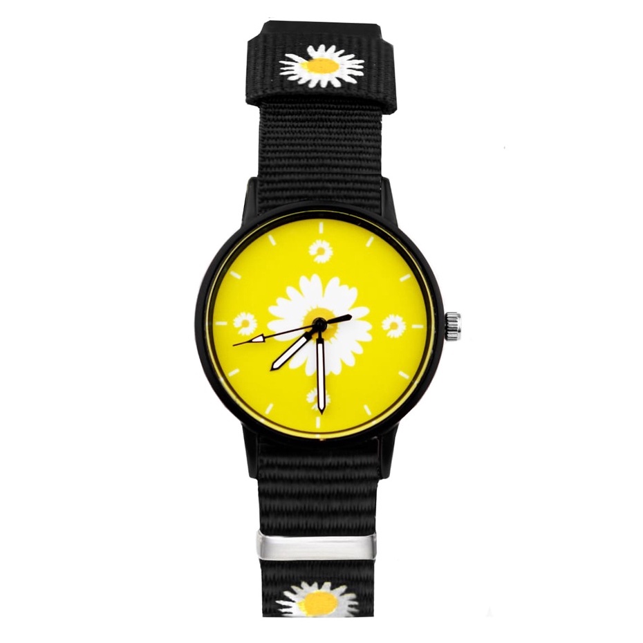 Jam Tangan Wanita Bunga Quartz Analog Motif Bunga Daisy Bahan Nilon Kanvas Women Watch Couple Pria JT002-BUNGA PLAT KUNING