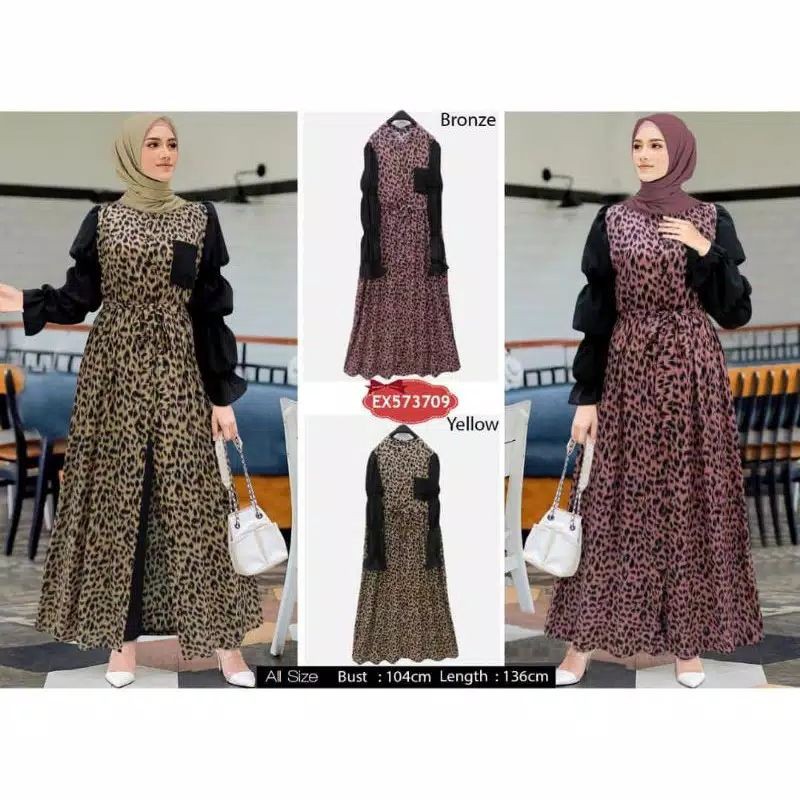 gamis leopard import by extu lengan ratu lengan balon