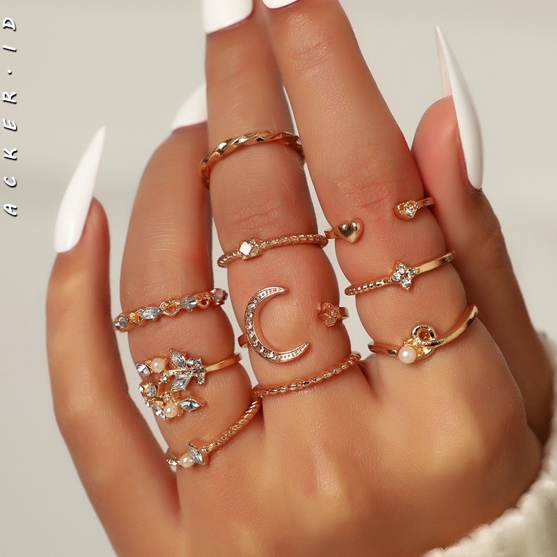 [ACKER] 10 Buah/Set Manis Kristal Daun Bulan Bunga Bintang Hati Pembukaan Fashion Emas Mutiara Imitasi Cincin Set untuk Wanita