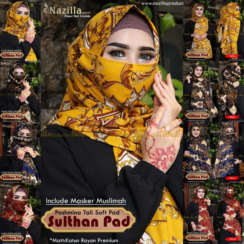 Jilbab Pashmina Instan Sulthan Pad Free Masker Ori Nazilla