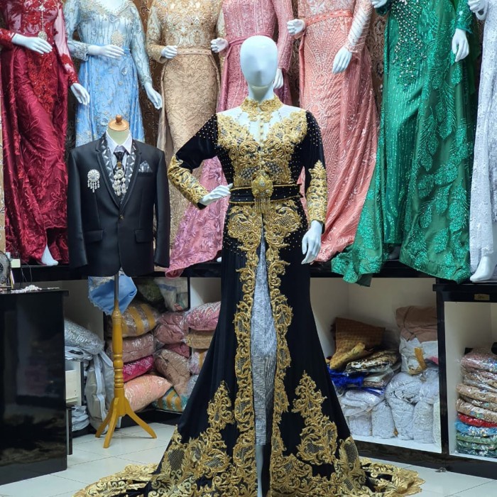 Baju Pengantin Wedding Dress Muslimah Jawa India gaun pengantin bludru ekor - hitam7, all size fit L