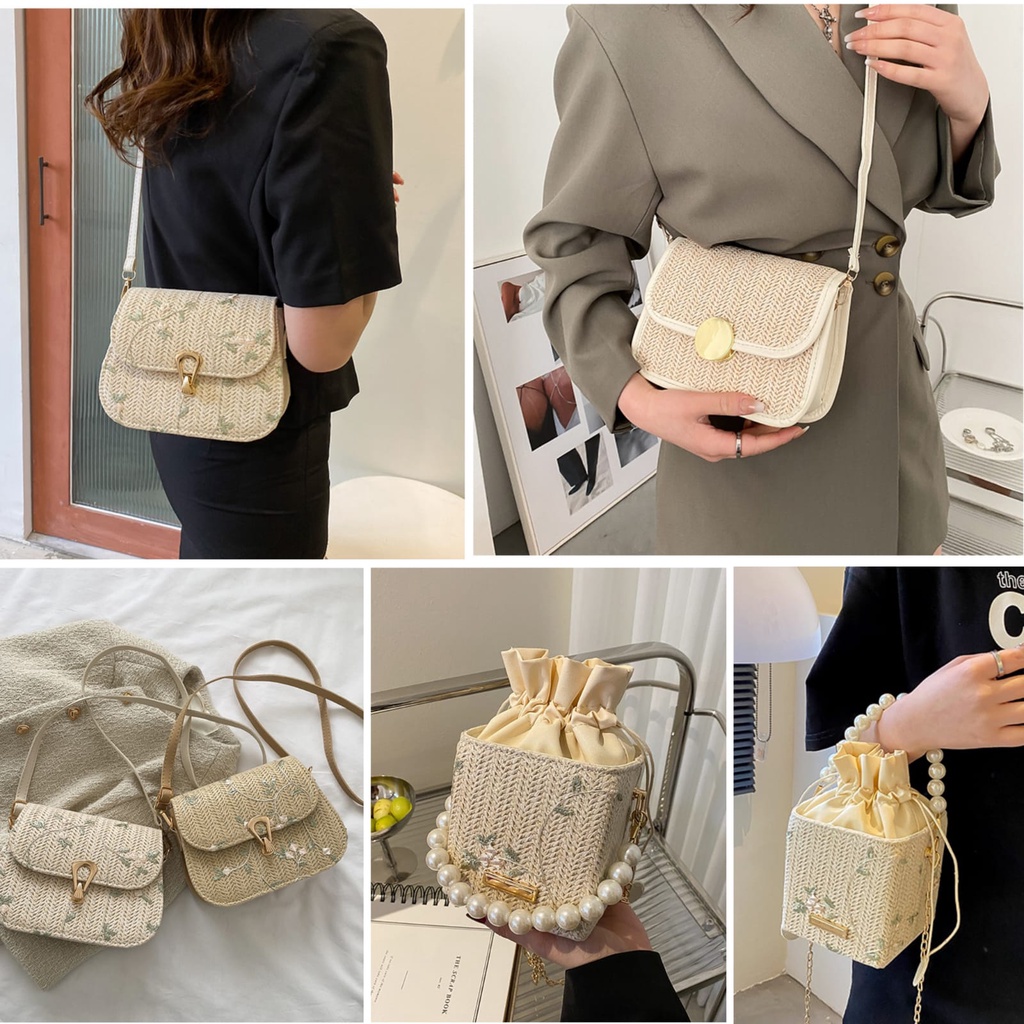 Drozenb Tas Selempang Wanita Bahan Anyam Jerami Import/Slingbag Fashion Wanita Model Korea/Tas Slingbag Casual Wanita/Tas Pesta Wanita Bahan Anyaman