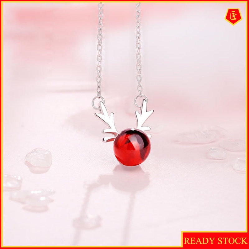 [Ready Stock]925 Silver Garnet Elk Necklace Japan and South Korea Sweet and Simple