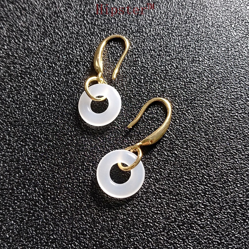 Light Luxury round White Jade Hibiscus Stone Powder Yuping Buckle Ear Hook