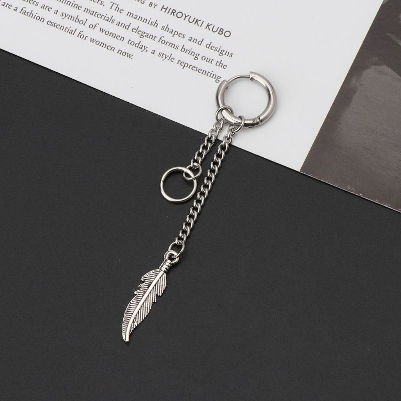 SIY  Asymmetric Tassel Chain Feather Safety Pin Dangle Drop Earring Korean Jewelry