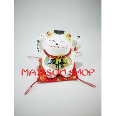 MANEKI NEKO LUCKY CAT CELENGAN KERAMIK PUTIH TOPI PIGGY BANK SEDANG