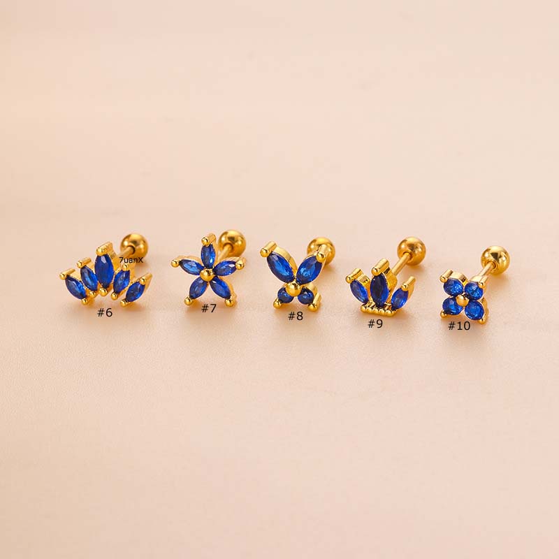 1pc Anting Tindik Tulang Rawan Telinga Desain Mahkota Bunga Hias Zirkon Biru Kerajaan Bahan Stainless Steel 20 Gage