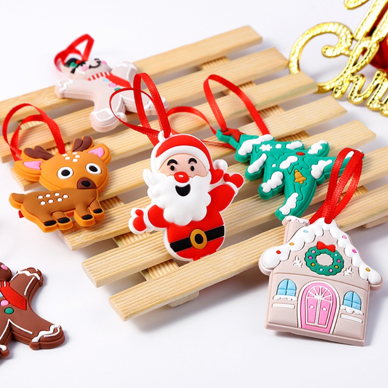 8pcs Ornamen Gantung Desain Kartun Santa Elk Mini Bahan PVC Untuk Dekorasi Pohon Natal Charms