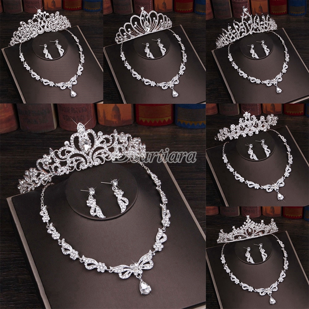 Mahkota Pernikahan Tiara Anting Kalung Set, Perhiasan Pernikahan, Tiga Potong