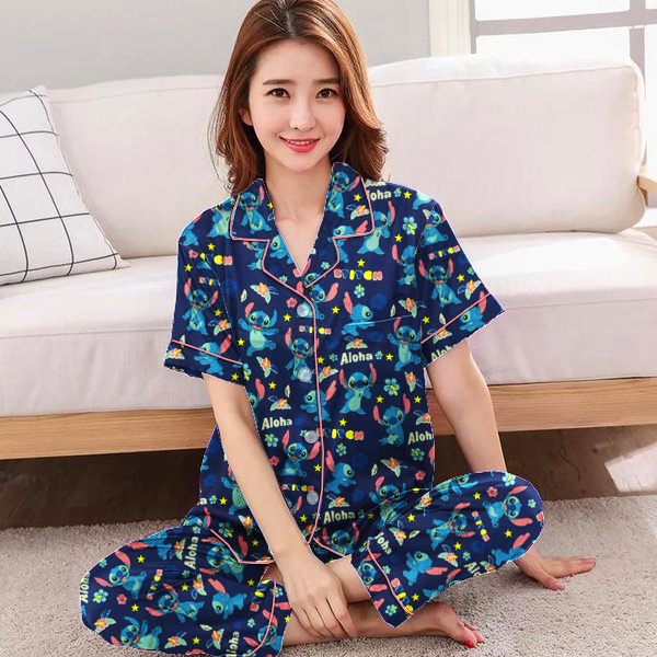 Hokystore99 - Piyama Wanita Dewasa Lengan Pendek Celana Panjang / Baju Tidur Wanita Dewasa (Part.1)-Stitch Navy