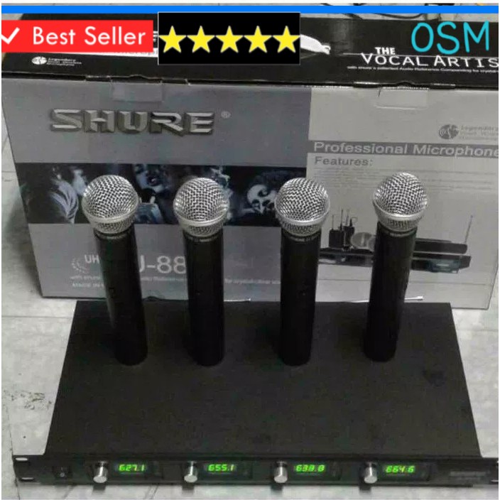 Shure channel mic karaoke mikrophone Wireless microphone wireles pro suara audio sound sistem vokal vocal mik profesional panggung dj studio  4 CHANNEL 1bh reciever display digital  4bh mic pegang Wireless 1bh kabel audio output  Shure 8888 UHF  jarak mic