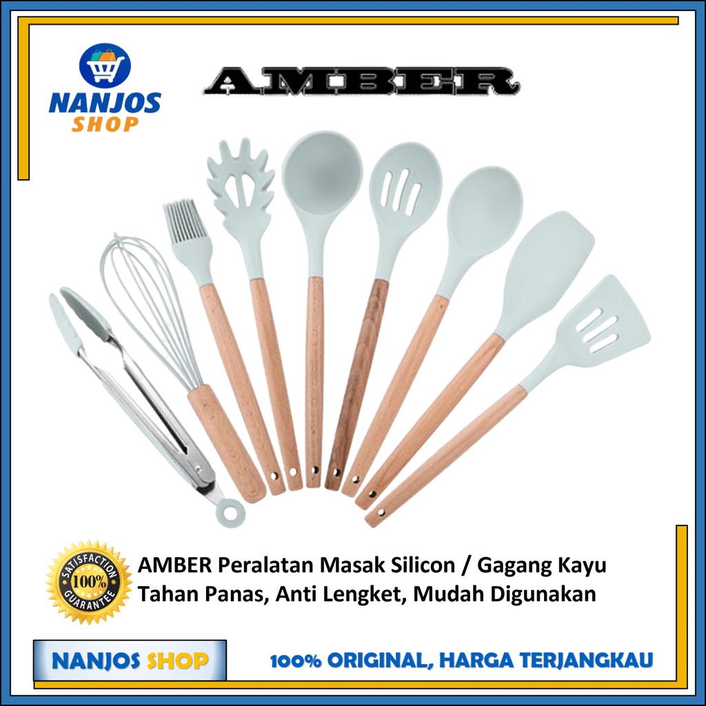 Amber Cooking Tools Peralatan Masak Silicon / Gagang Kayu Tahan Panas