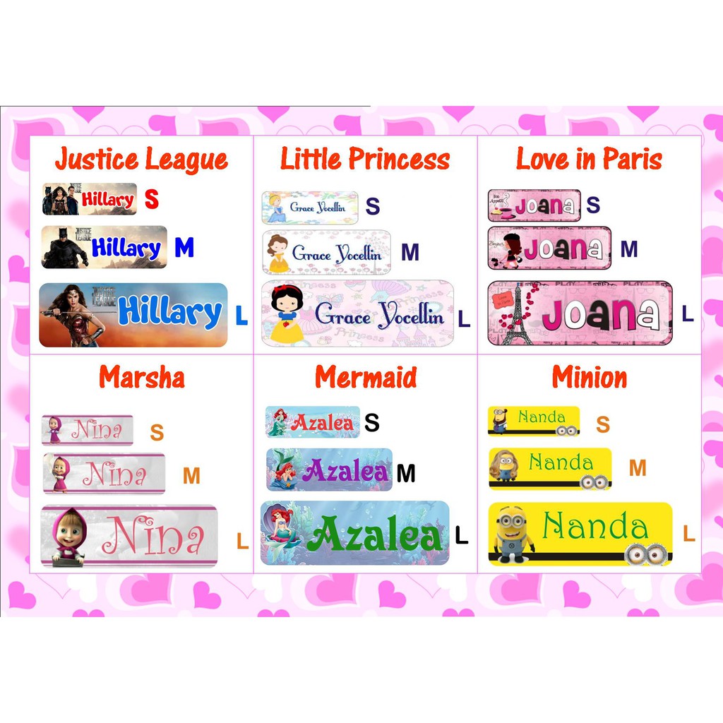 

STIKER STICKER LABEL NAMA WATERPROOF BASIC: JUSTICE LITTLE PRINCESS PARIS MARSHA MERMAID MINION