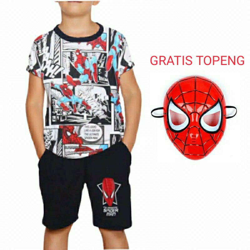 SETELAN ANAK SPIDERMAN KORAN FULL PRINT GRATIS TOPENG