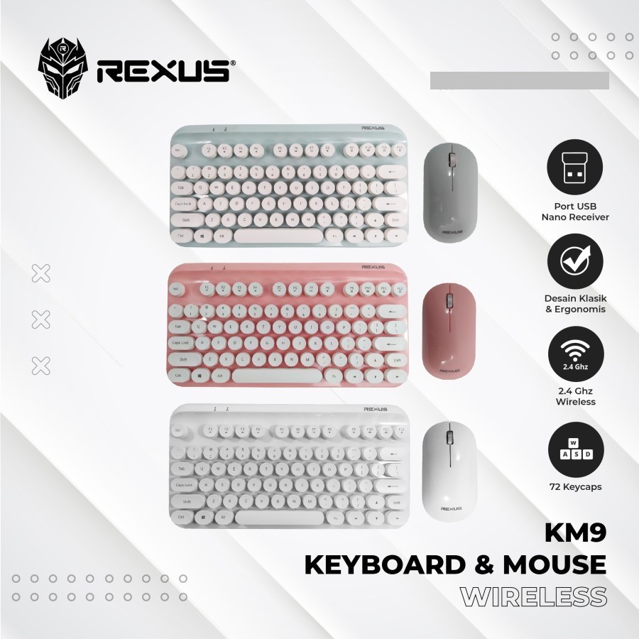 Rexus Keyboard Mouse Wireless KM9 Combo - Mint - Pink - White