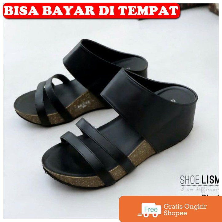 Sandal Sendal Wedges Weges Hak Tinggi Kondangan Ibu Ibu Wanita De KQ958 Sandal Wedges Ss20 Hitam -