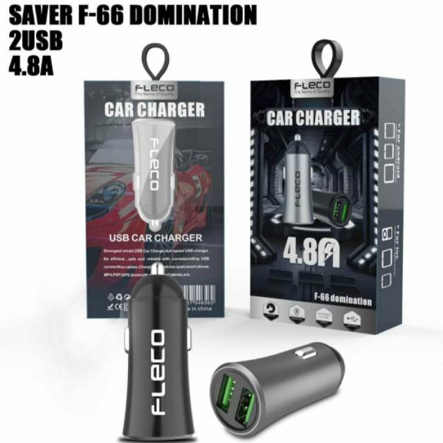 Saver plugin mobil car charger Fleco F-66 domination metal 4.8A 2usb bahan metal