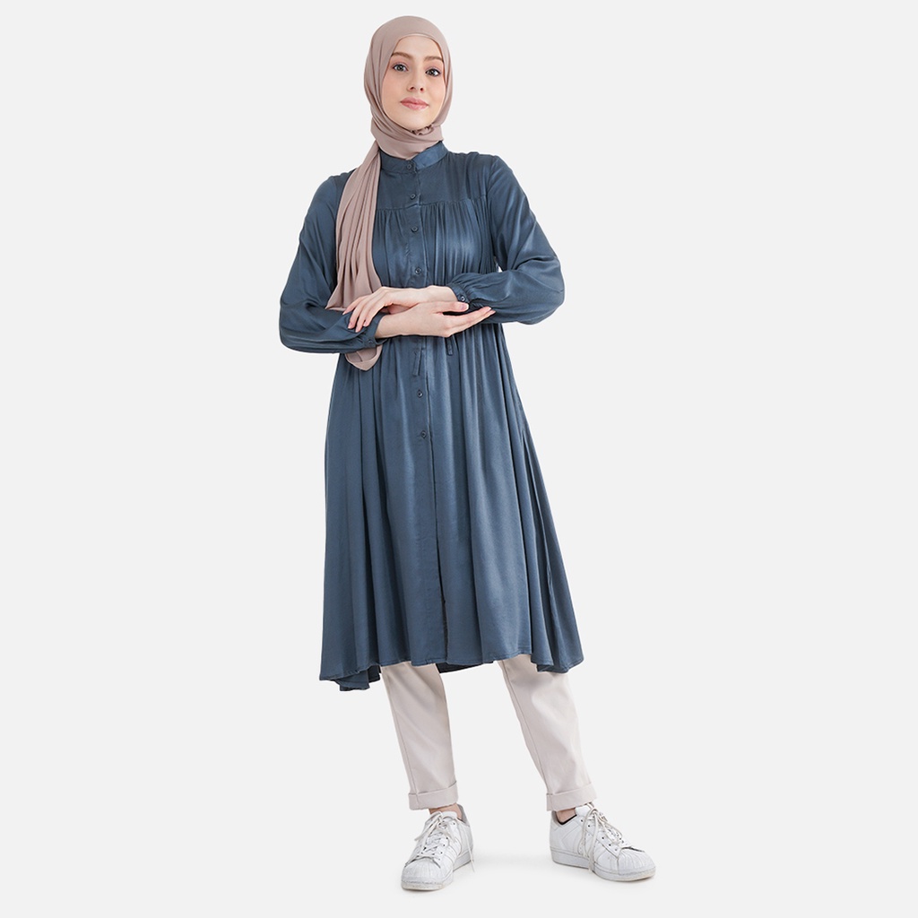 Aeesha Kemeja Tunik Wanita Muslim Lengan Panjang LIN000020A Biru