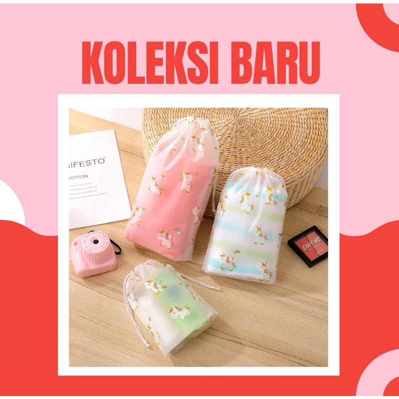【ECER 1pc】 DOMPET MASKER Pouch Kosmetik / Alat Tulis Transparan Unicorn / Tas serut / zipper pouch t