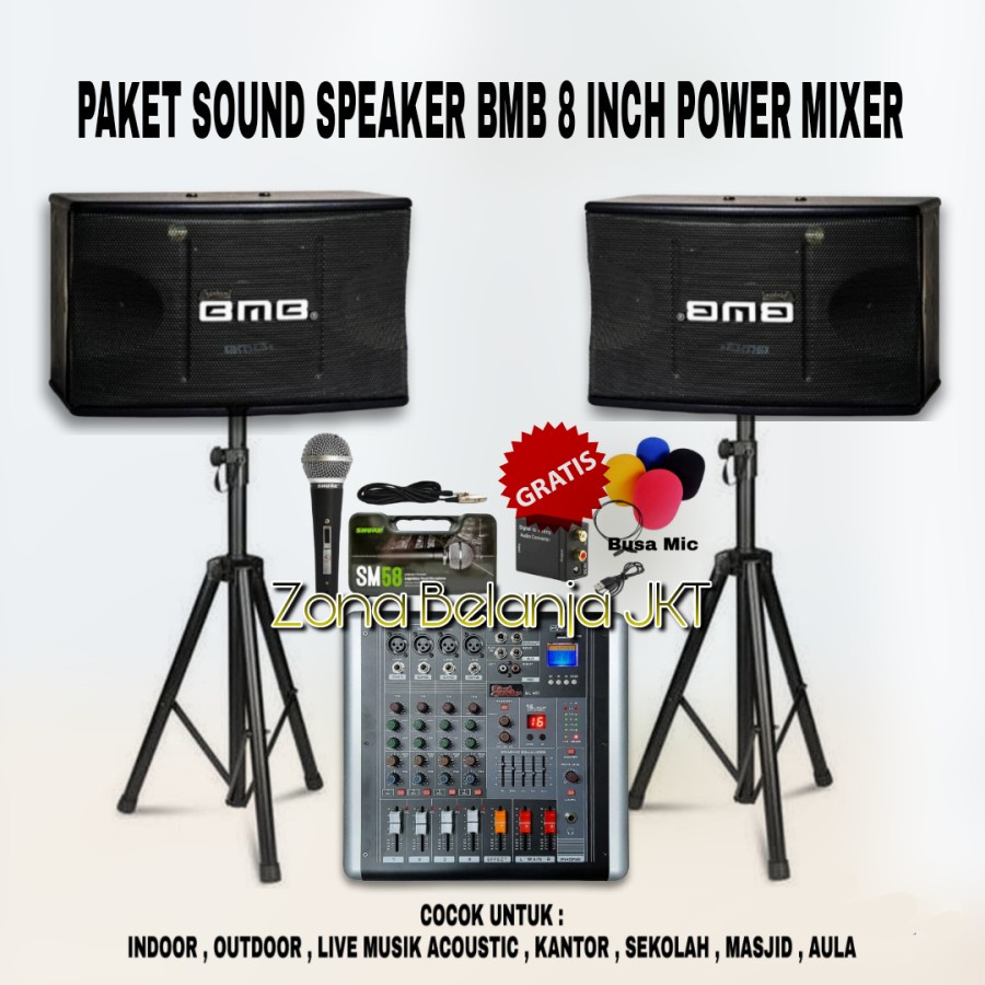 PAKET KARAOKE LIVE MUSIK SOUND SYSTEM BMB SPEAKER 8 INCH POWER MIXER 4 CHANNEL USB BLUETOOTH MIC ORIGINAL ( B-2 )