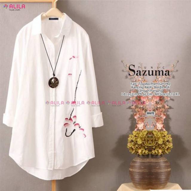 Baju Kemeja Tunik Wanita Sazuma Putih Motif Lengan Panjang