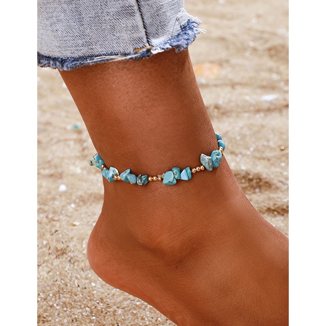 LRC Gelang Kaki Fashion Blue Beaded Stone Anklet Single Layer D29824