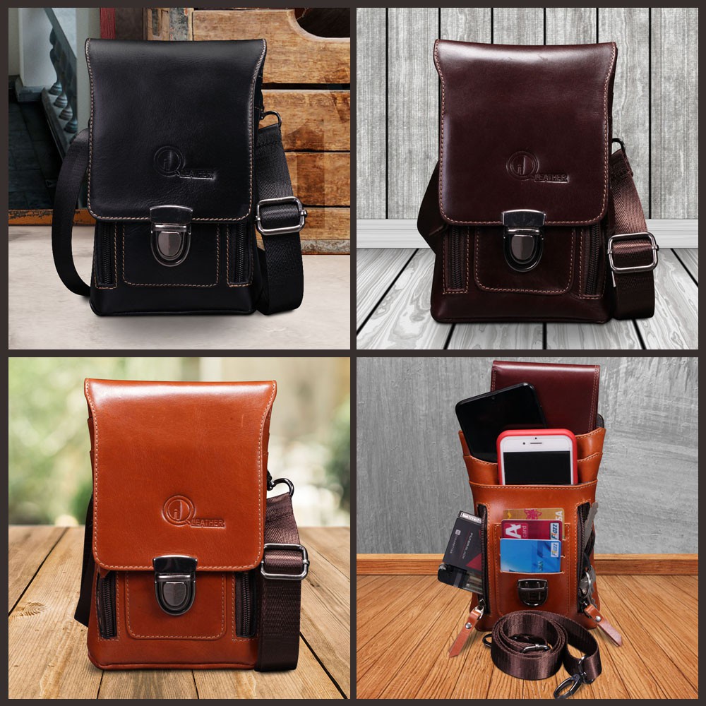 Tas Cowok Selempang Sling Bag Multifungsi Bahan Kulit Sapi Asli Merk QI LEATHER KODE P054