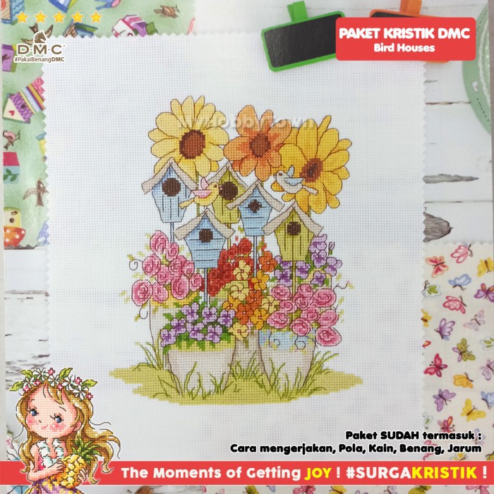 Paket Sulam Kristik TUVA Retro - Bird Houses Bunga Flower