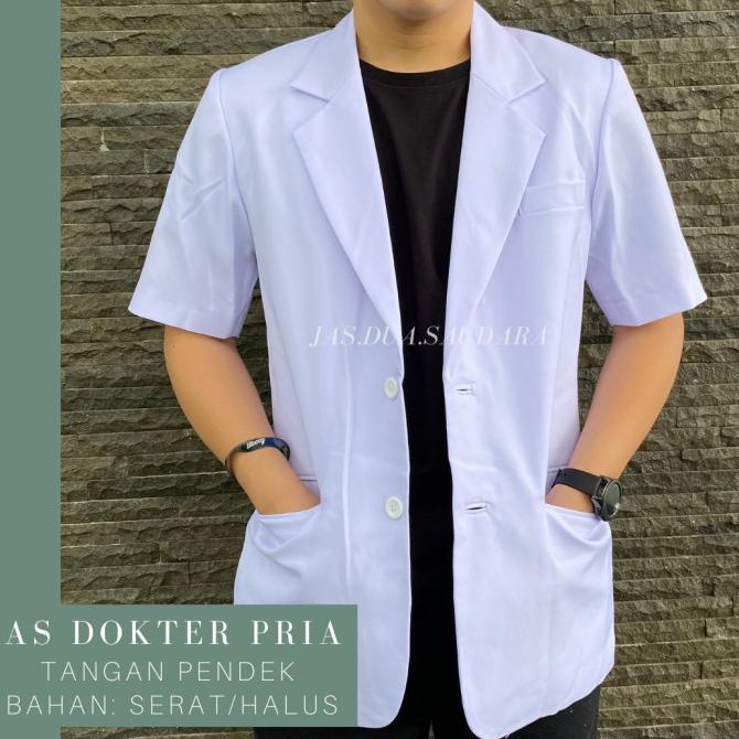 Jas dokter / koas pria tangan pendek bahan serat / halus