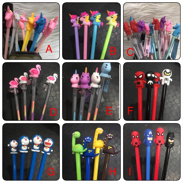 

nn ISI 4 Pcs PULPEN GEL UNIK CUTE DESAIN KARAKTER 3D UNICORN AVENGERS