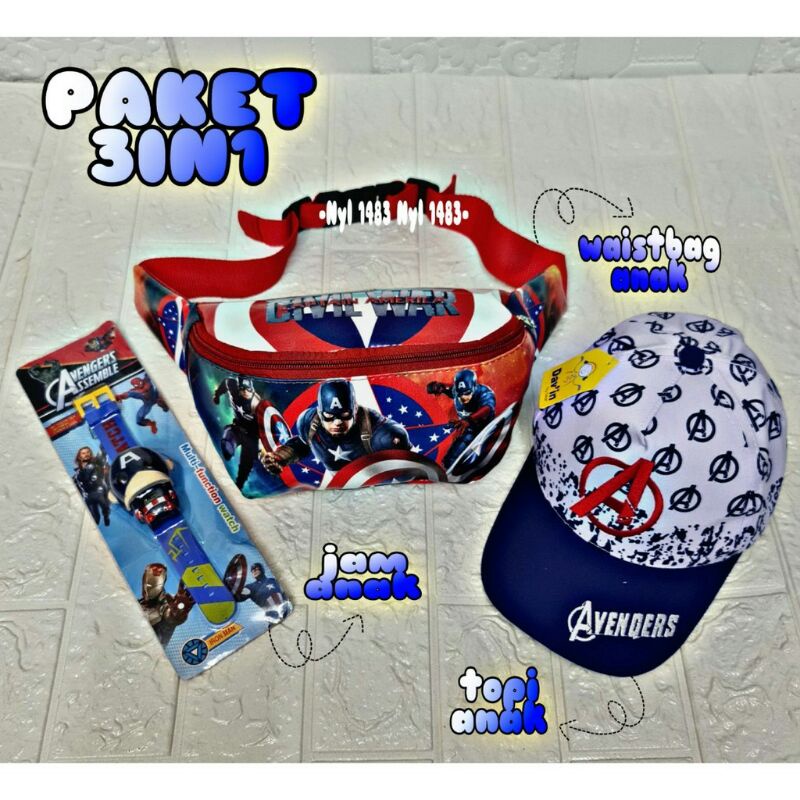 PAKET HEMAT 3IN1 TAS SELEMPANG ANAK LAKI LAKI TOPI ANAK DAN JAM ANAK AVENGER WAISTBAG ANAK