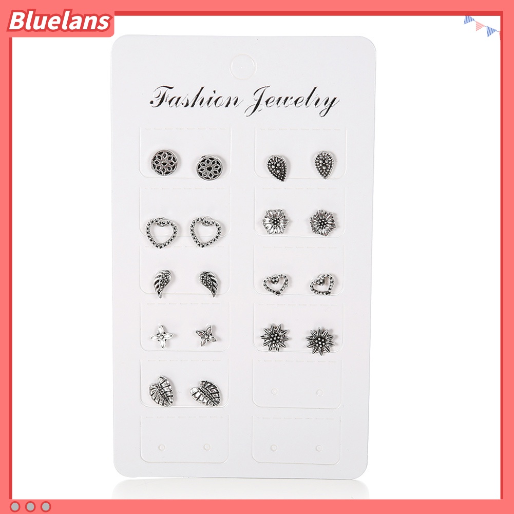 9 Pasang / Set Anting Stud Desain Hati Daun Bunga Gaya Retro Bohemia Untuk Wanita