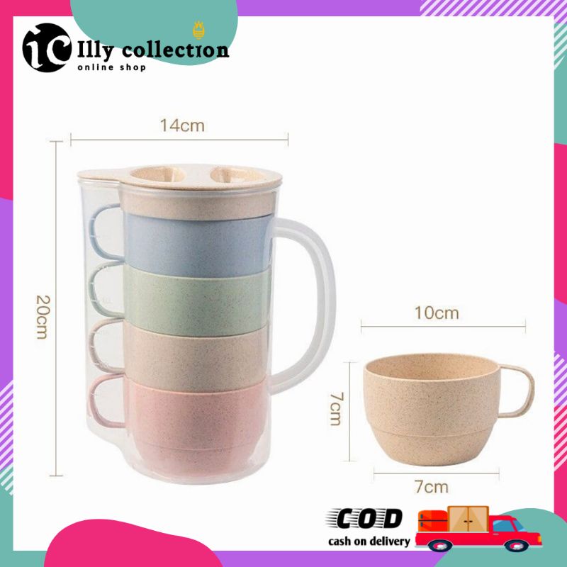 Mug Jerami Gandum Set 5 in 1 Teko Dengan Cangkir