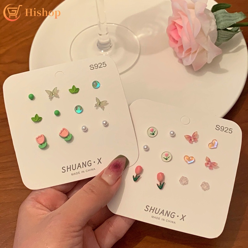 Set Anting Stud Desain Bunga Tulip Kupu-Kupu Aksen Mutiara Untuk Wanita