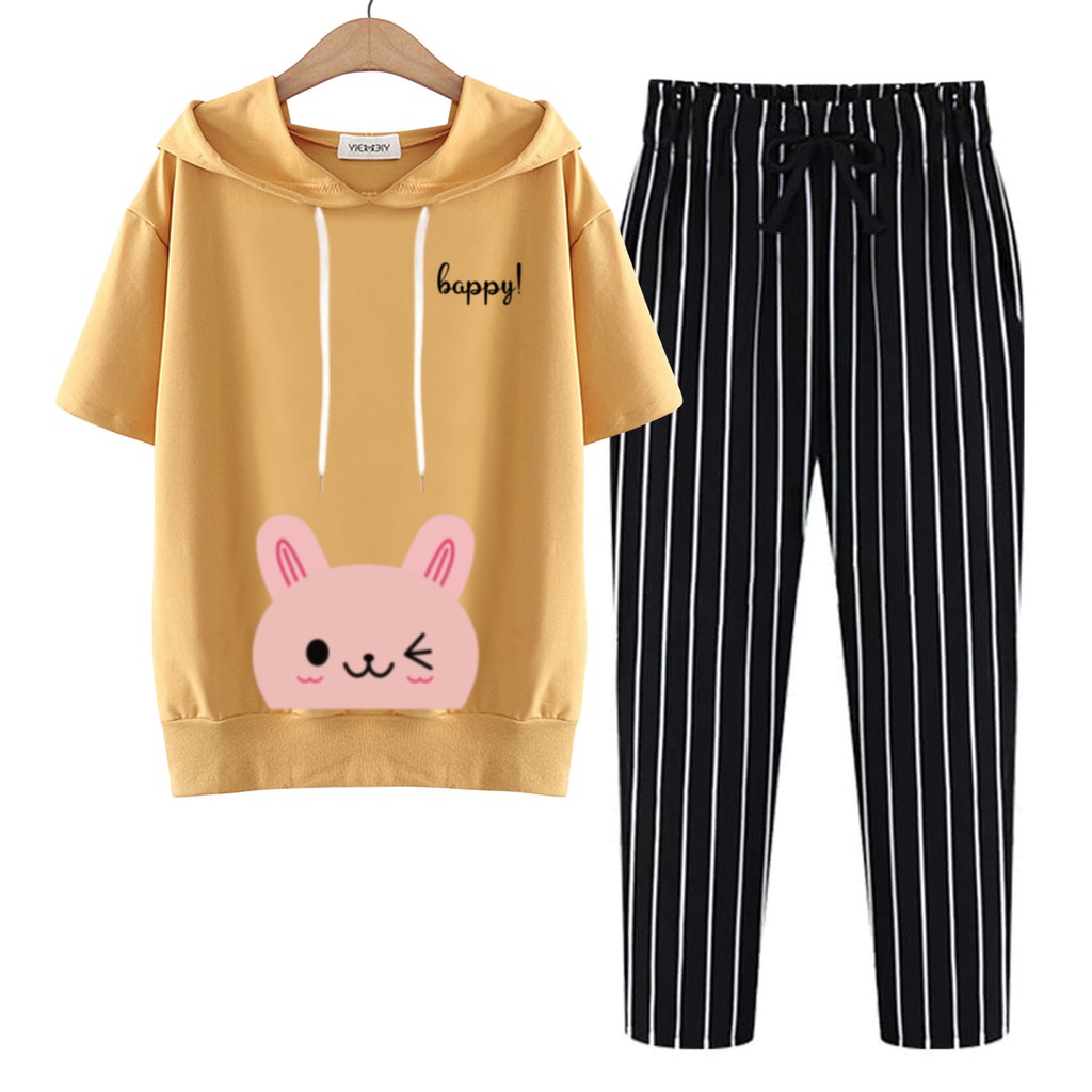 BESS - Baju Setelan Wanita Murah / Setelan Hoodie Crop Lengan Pendek + Celana Salur Hitam - HAPPY CAT