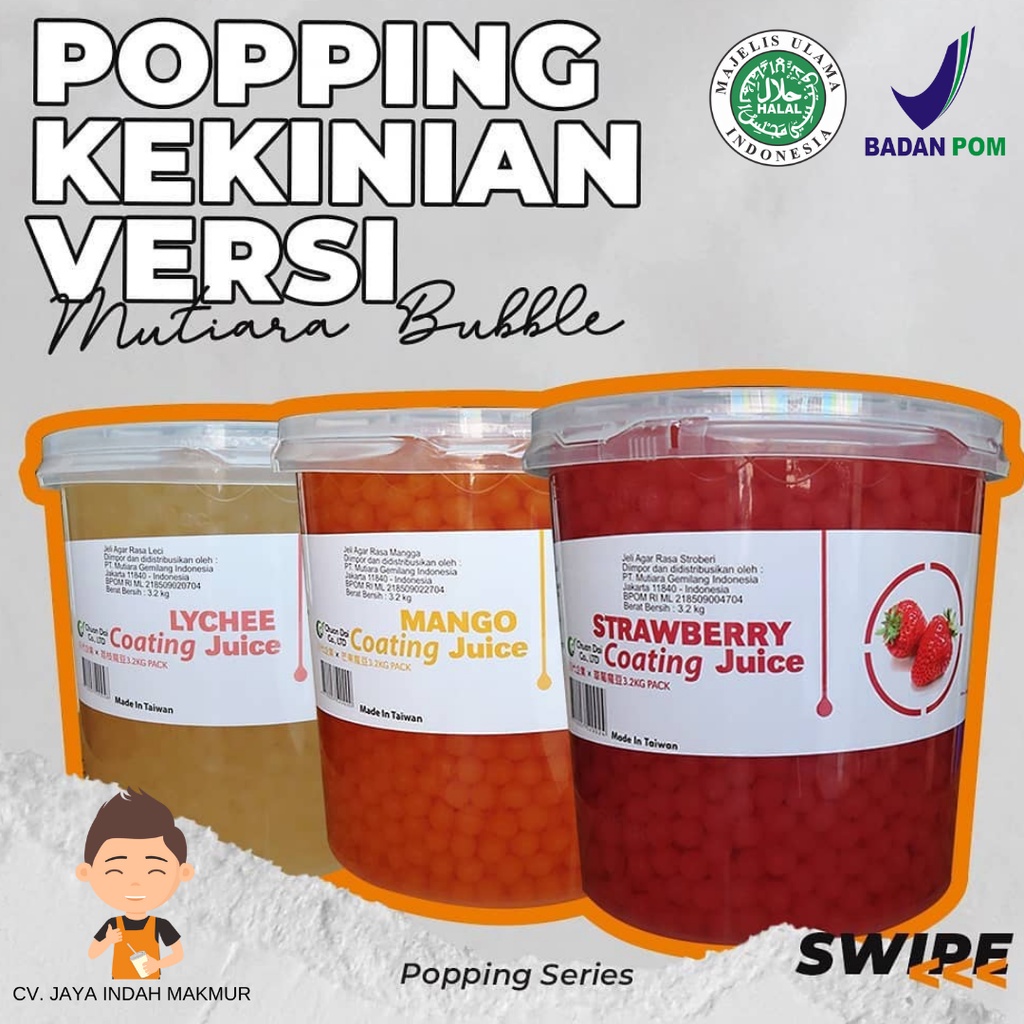 

Popping Boba/Poping Bobba/Coating Juice Impor Taiwan 3.3 kg HALAL BPOM Mango Lychee Strawberry Blueberry Yogurt Brown Sugar Kiwi Lemon Passion Fruit Chocolate Coffee Apple