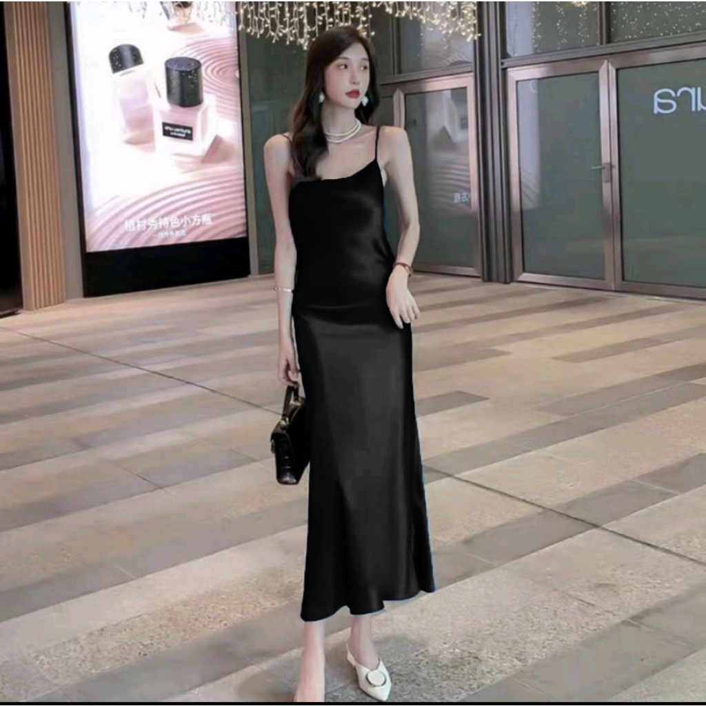 Long Dress Satin Wanita tali kecil korean outfit 903