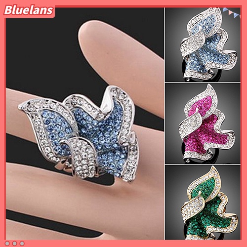 Cincin Wanita Lapis Emas 9K Bentuk Daun Aksen Kristal Dan Berlian Imitasi Untuk Hadiah