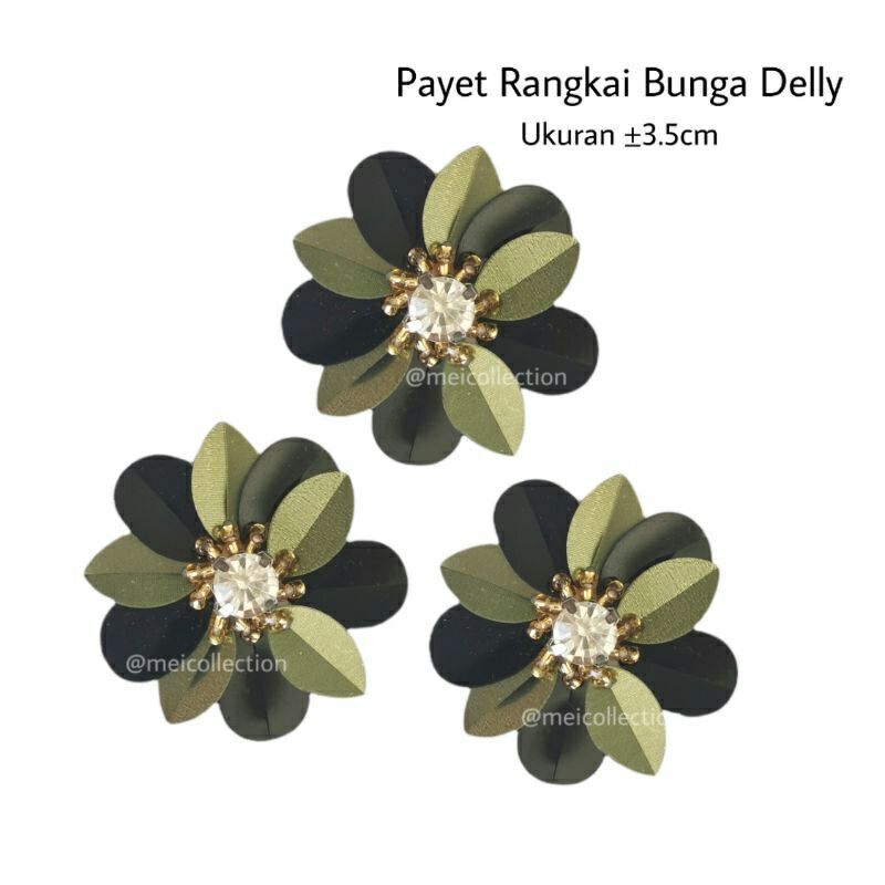 payet rangkai bunga 3D permata APB Delly 3cm olivine doff black kebaya