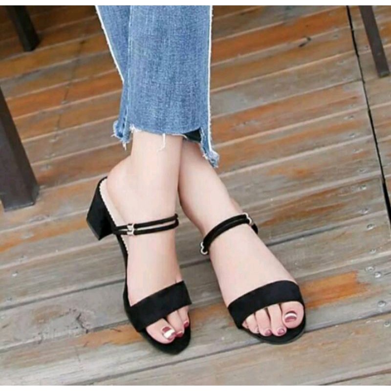 Sandal heels wanita tali bludru 5cm