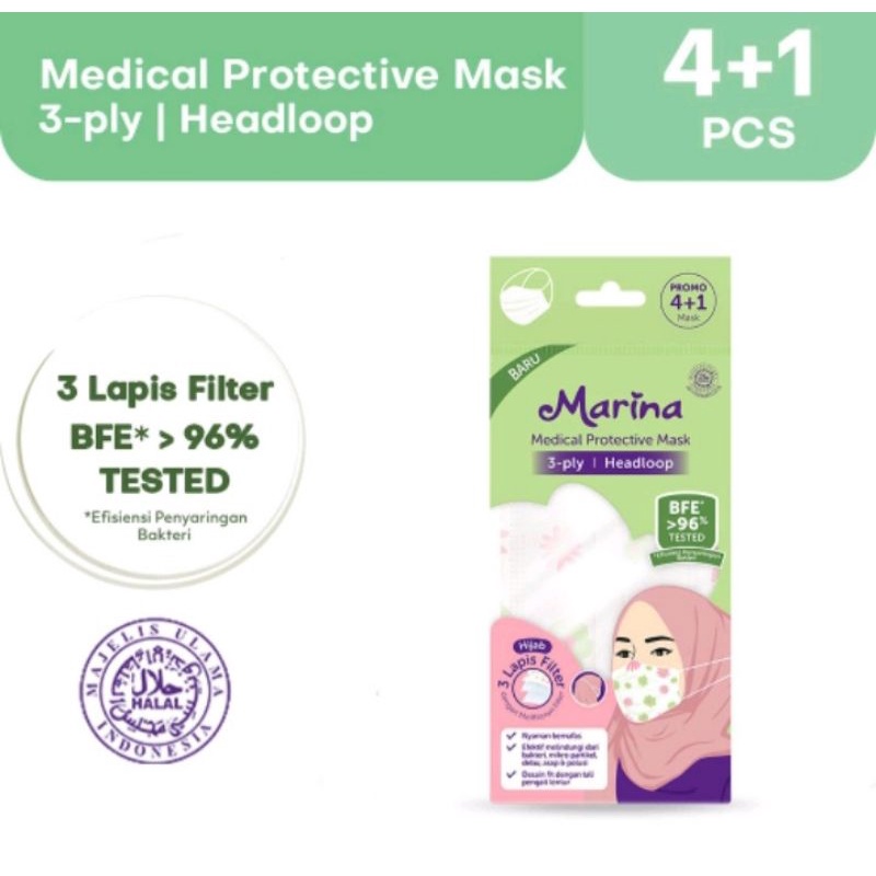Marina Medical Protective Mask Headloop (3 ply) - 1 pack Isi 5 pcs - Masker Medis